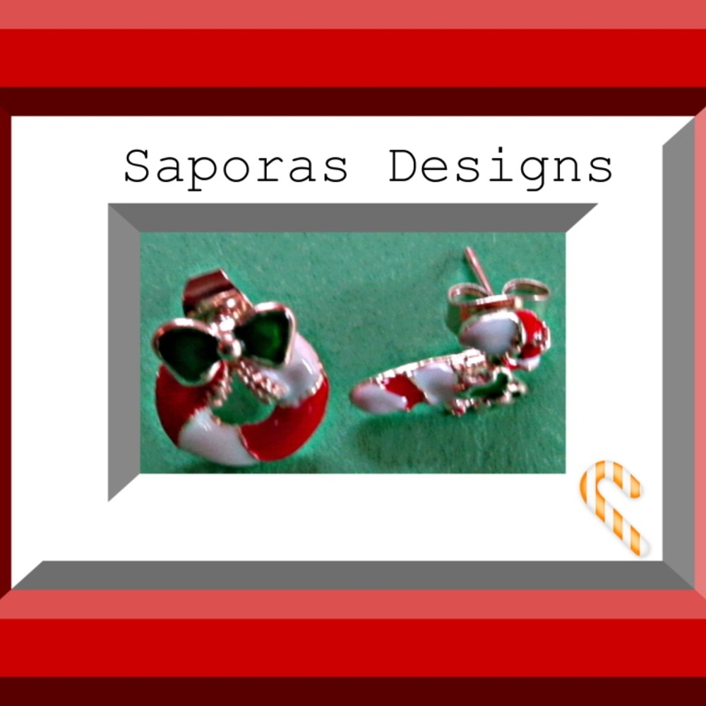 Gold Tone Christmas Wreath/Candy Cane Earrings